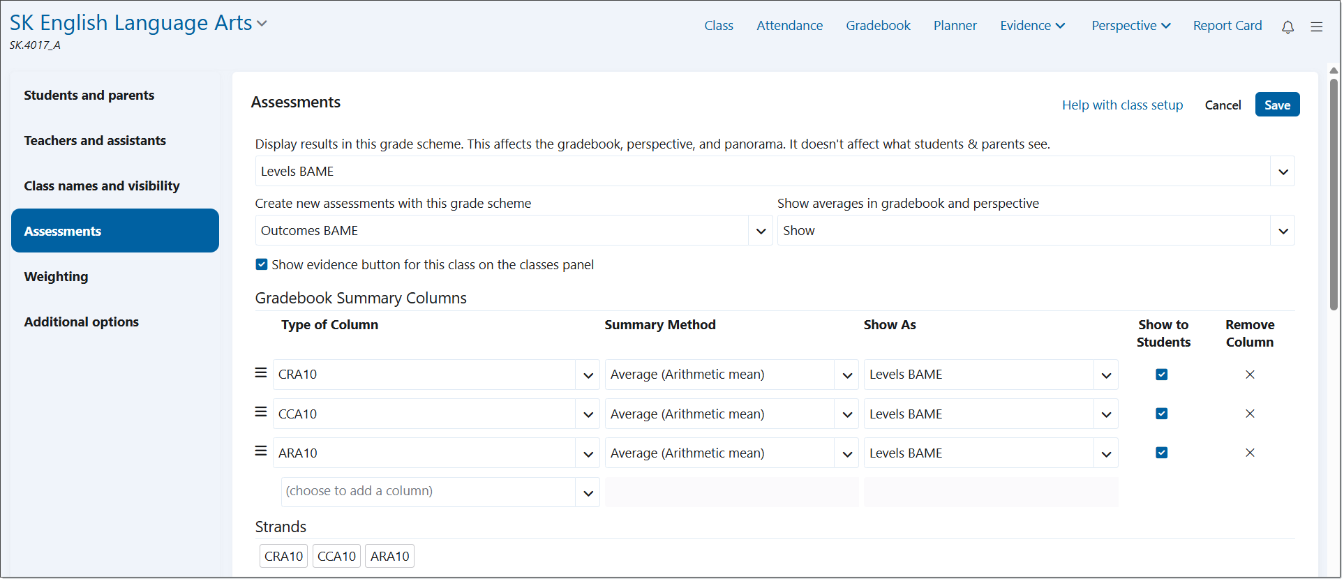 assessments | Edsby Class gradebook setup: left navigation, Assessments tab, and Gradebook Summary Columns with CRA10, CCA10, ARA10s (three rows).