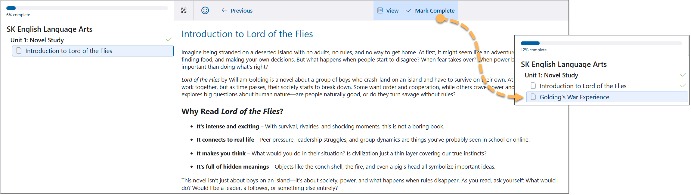 conditional release sample | Edsby Course navigation with 'Introduction to Lord of the Flies' selected on the left; reading page shown on the right.