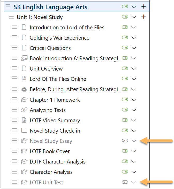 content hidden | Edsby Course outline titled SK English Language Arts with Unit 1: Novel Study and listed lessons