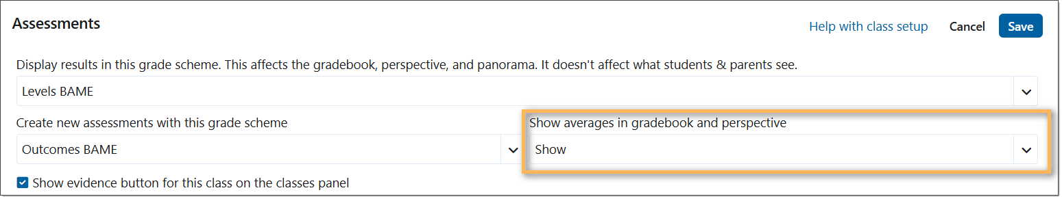 dont show average | Edsby Assessments settings panel with options to show averages in gradebook and perspective, including a highlighted Show choice for averages and a Show evidence button checkbox.