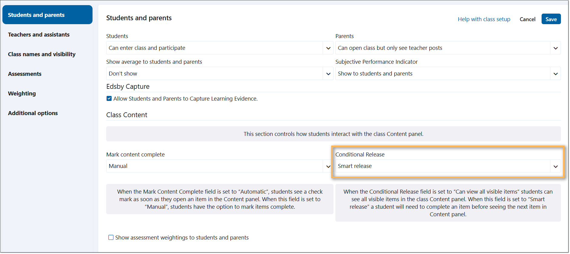enable smart release | Edsby Settings page for Students and parents with Conditional Release set to Smart release (highlighted).