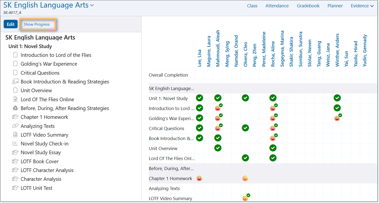 show progress | Edsby Course dashboard for SK English Language Arts with a left navigation menu and a progress grid for Unit 1: Novel Study, showing checkmarks for completed items and a highlighted Show Progress button.