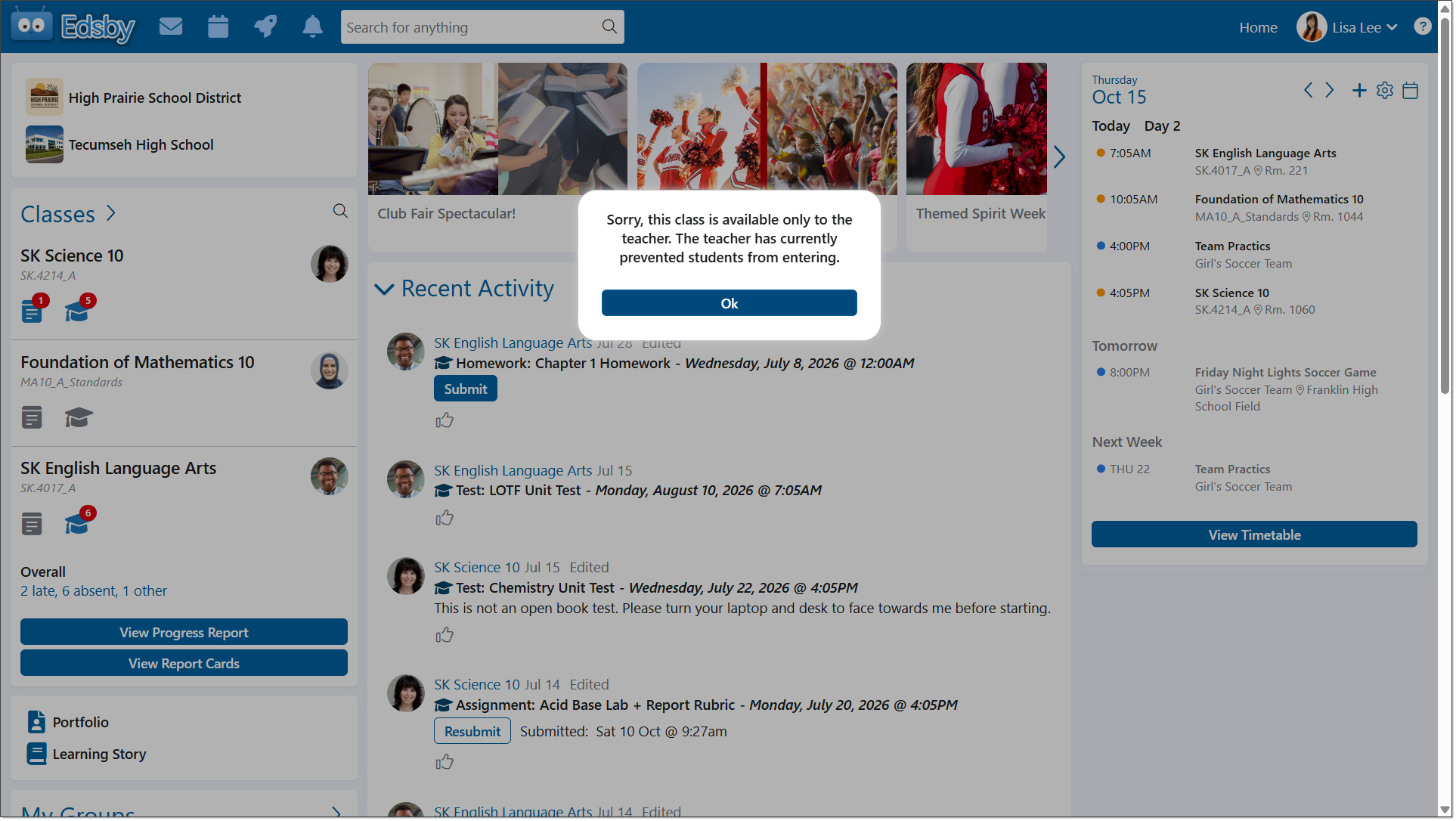 student cannot enter class | Edsby Modal error on Edsby: class restricted to the teacher, blocking student entry; shows 'Ok' button