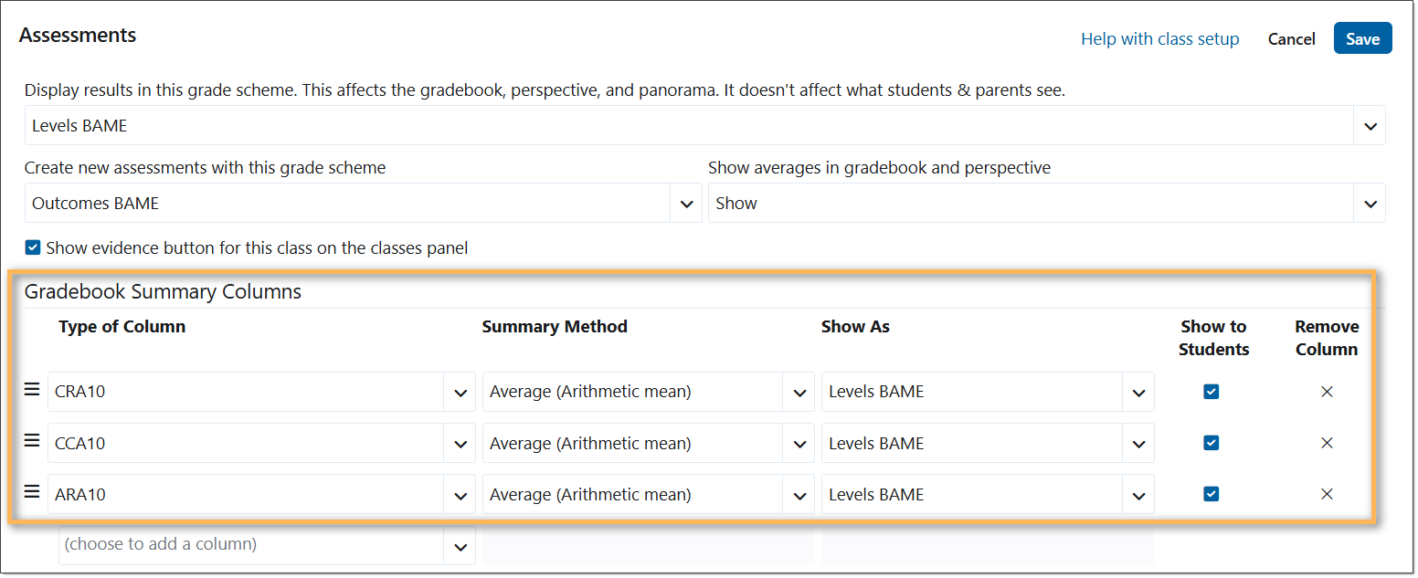 summary columns | Edsby Gradebook settings panel showing Gradebook Summary Columns for CRA10, CCA10, and ARA10 with Average (Arithmetic mean) and Levels BAME; Show to Students enabled for all rows, with remove options on the right.