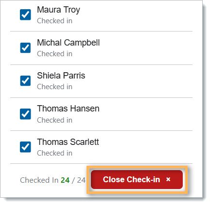 close check in | Edsby List of attendees with blue checkmarks showing they are checked in: Maura Troy; Michal Campbell; Shiela Parris; Thomas Hansen; Thomas Scarlett. Footer reads'Checked In 24 / 24'. A red rounded 'Close Check-in' button is highlighted with an orange glow.