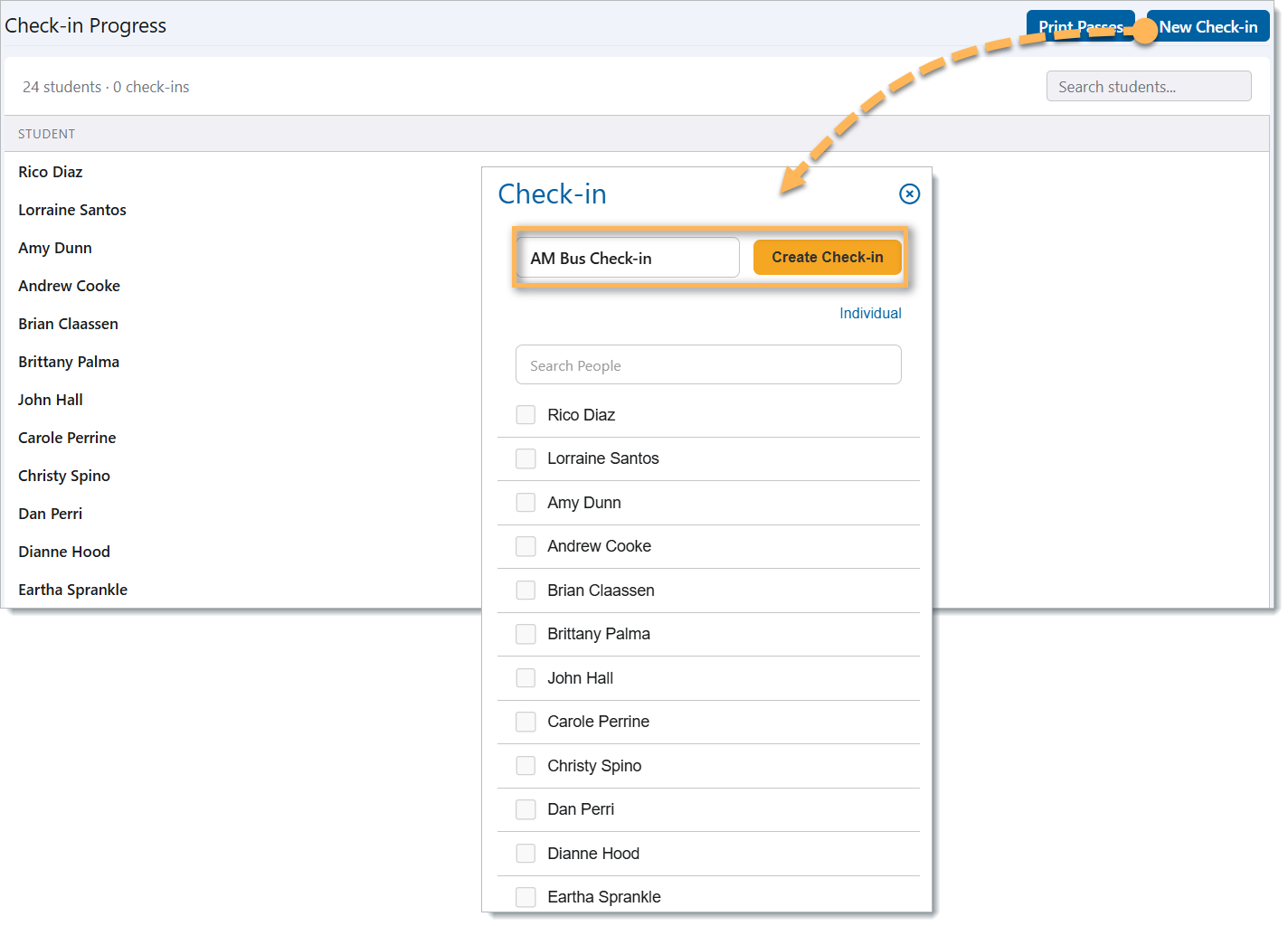 creating new check-in | Edsby Check-in modal on a student list screen showing'AM Bus Check-in' in the input and a 'Create Check-in' button