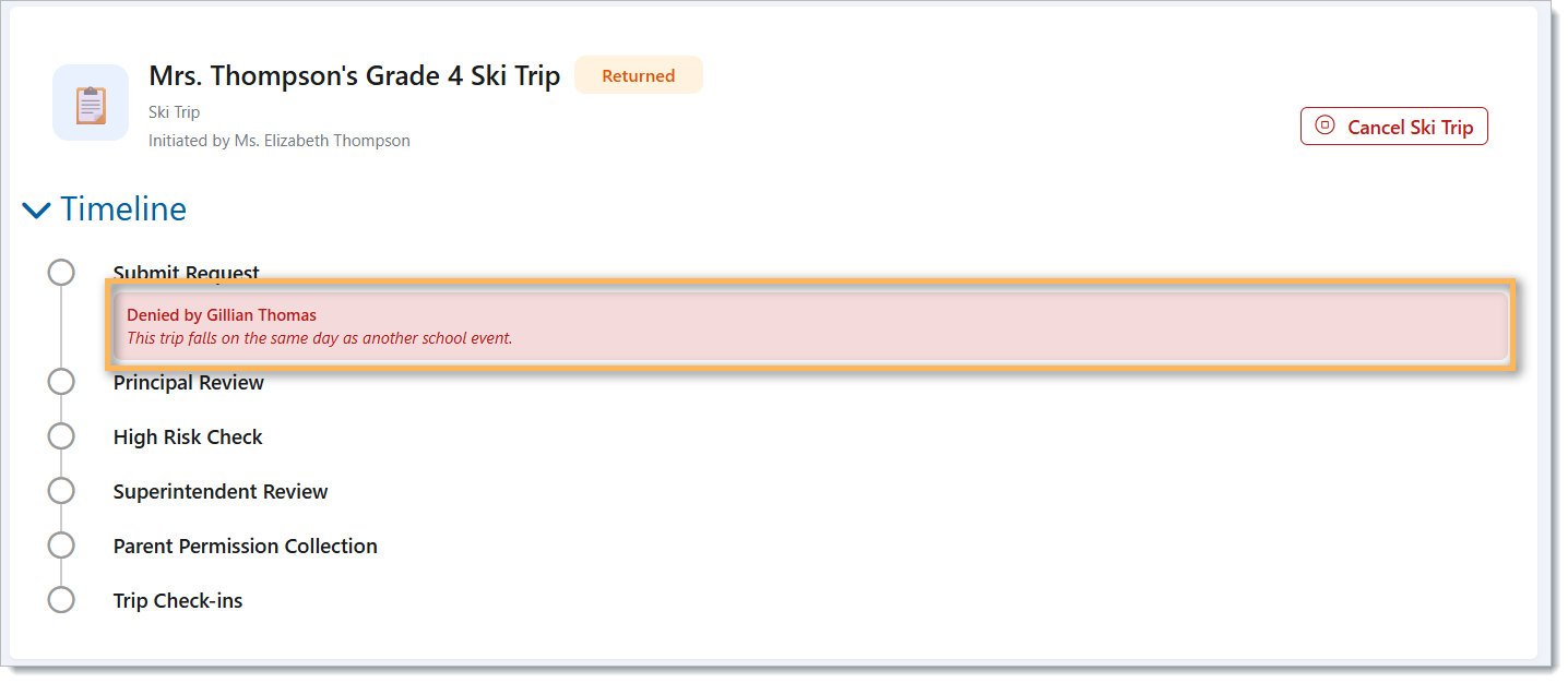 denied trip | Edsby Trip request screen for Mrs. Thompson's Grade 4 Ski Trip; status shown as Returned with an orange denial message about date conflict (This trip falls on the same day as another school event).