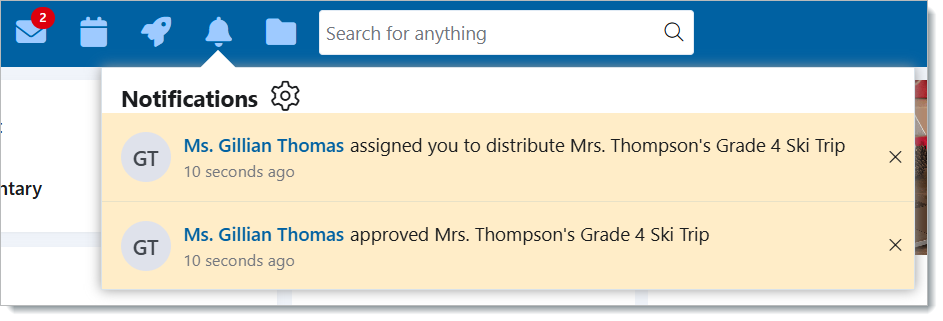 notifications | Edsby Notifications panel showing two messages from Ms. Gillian Thomas about Mrs. Thompson's Grade 4 Ski Trip, 10 seconds ago, with a gear icon for settings and profile avatars GT.