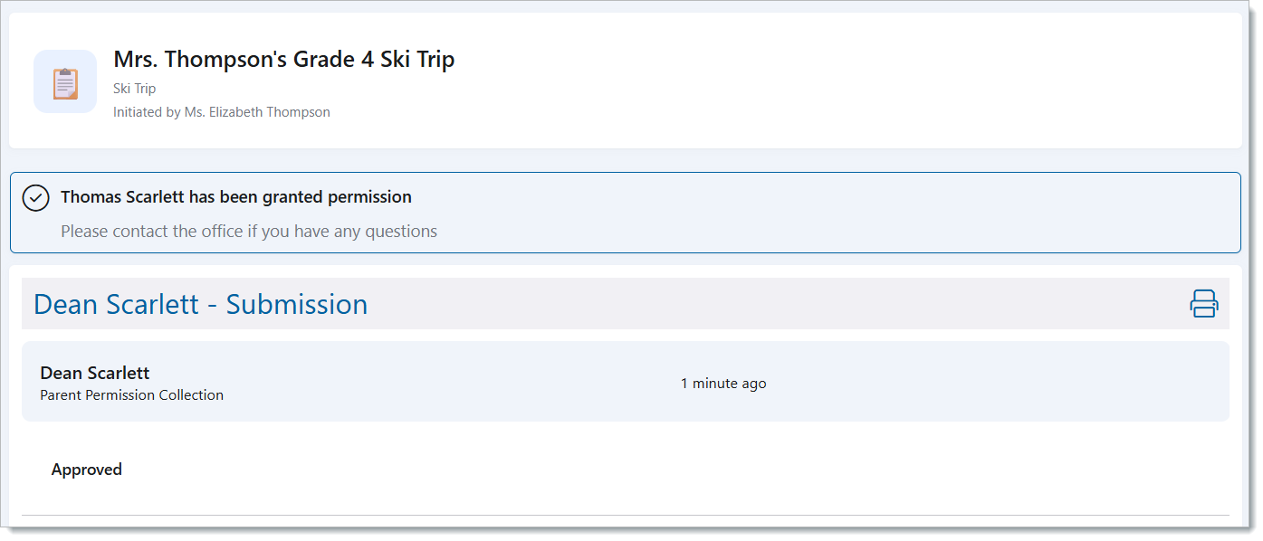 parent contact office | Edsby LMS dashboard showing Mrs. Thompson's Grade 4 Ski Trip with a blue 'permission granted' banner and a Dean Scarlett submission entry labeled Approved.