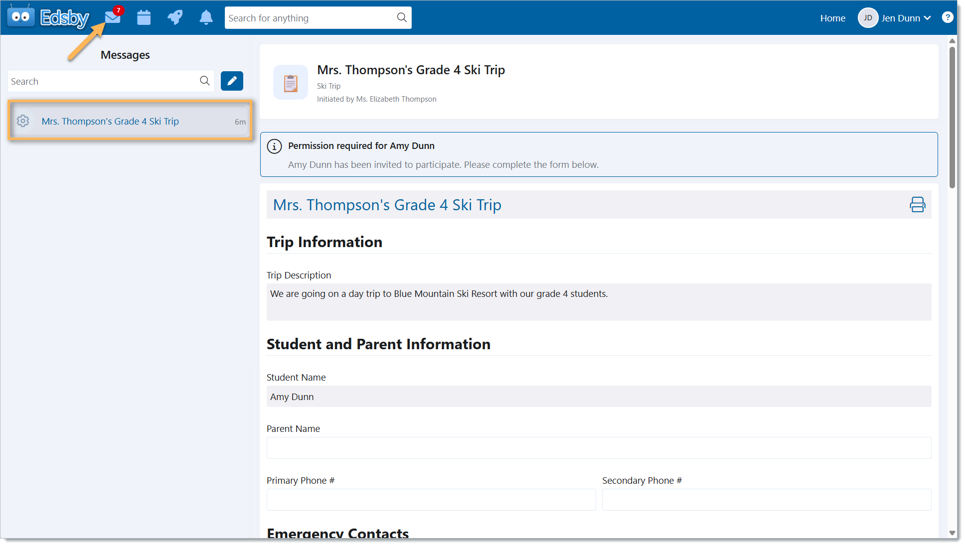 parent navigate to permission form | Edsby School portal UI showing a highlighted left sidebar message: 'Mrs. Thompson's Grade 4 Ski Trip' with the main trip details on the right panel.
