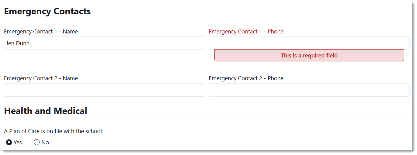 parent required field notice | Edsby Emergency Contacts form with two contact entries (Name and Phone); a red 'This is a required field' message under Contact 1 - Phone; Health and Medical section starts below.