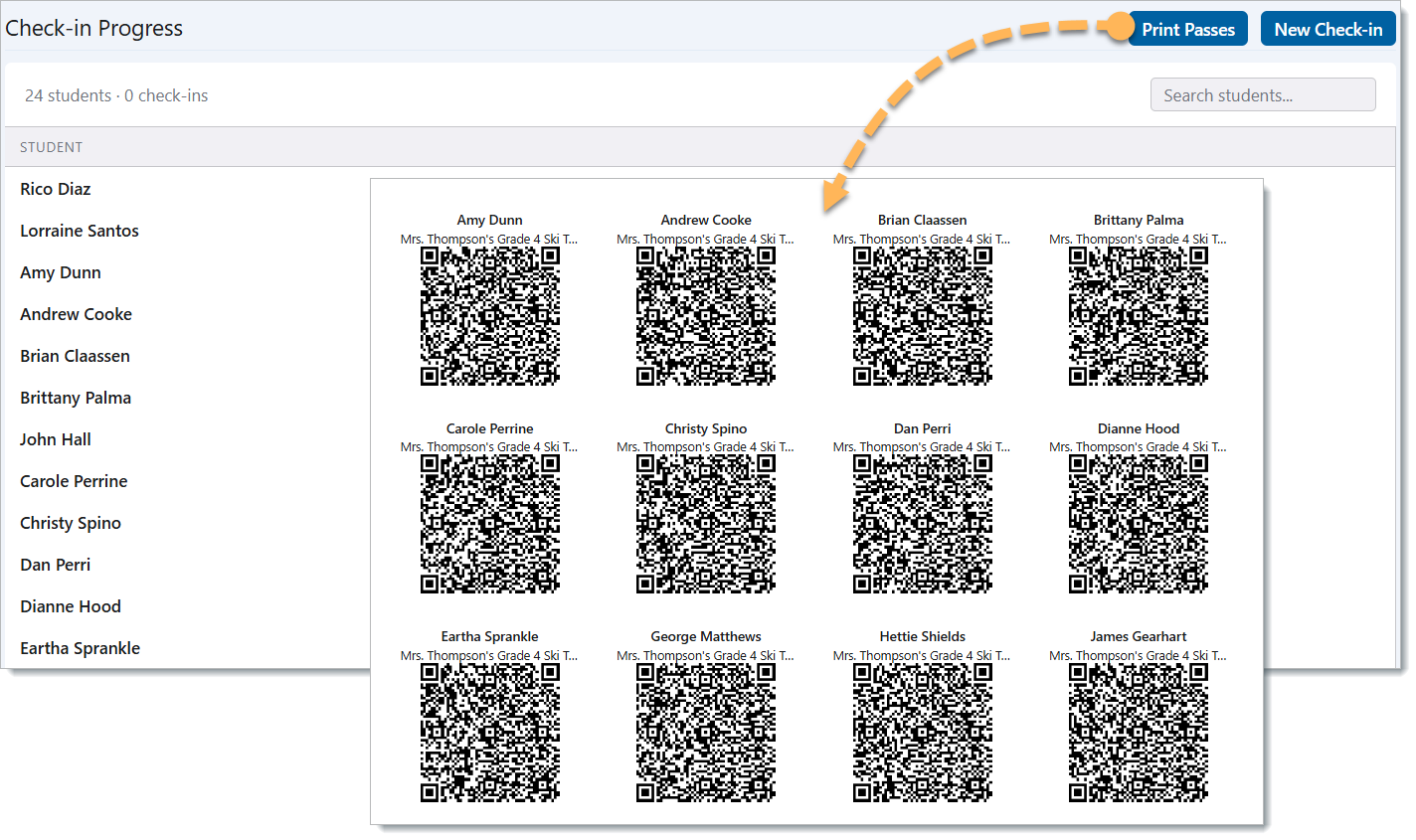 print passes | Edsby Check-in progress dashboard showing 24 students with individual QR codes for attendance.