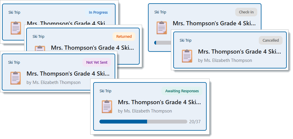 trip in progress | Edsby Collage of ski trip cards labeled Ski Trip, showing Mrs. Thompson's Grade 4 Ski Trip with statuses In Progress, Check-in, Returned, Not Yet Sent, Cancelled, and Awaiting Responses.