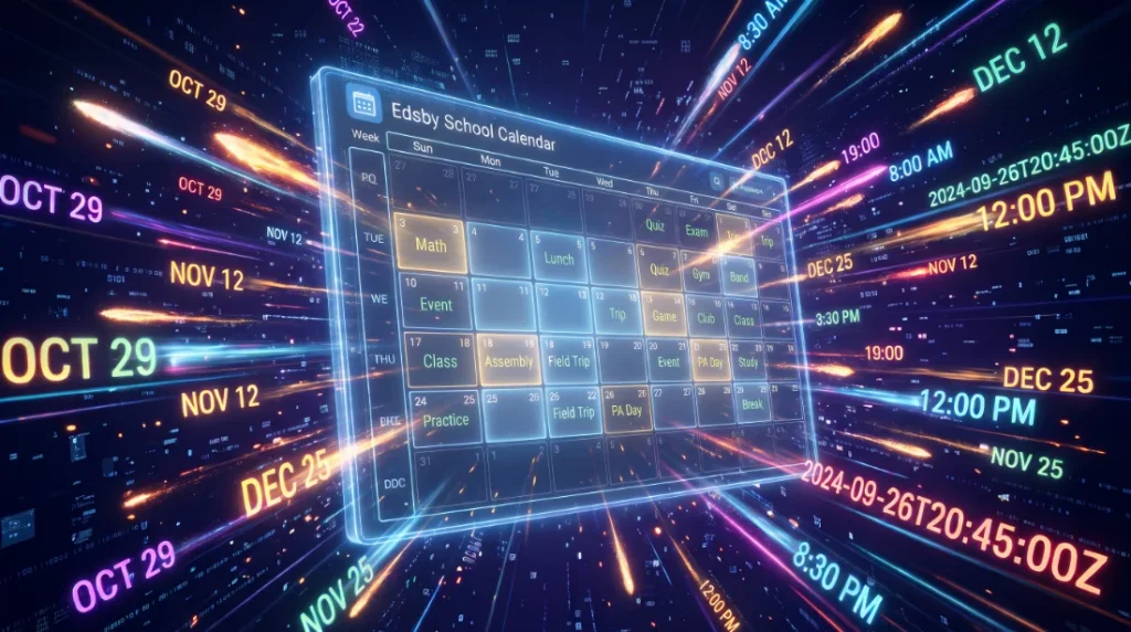 Holographic school calendar labeled 'Edsby School Calendar' with colored event blocks and neon dates orbiting around it.